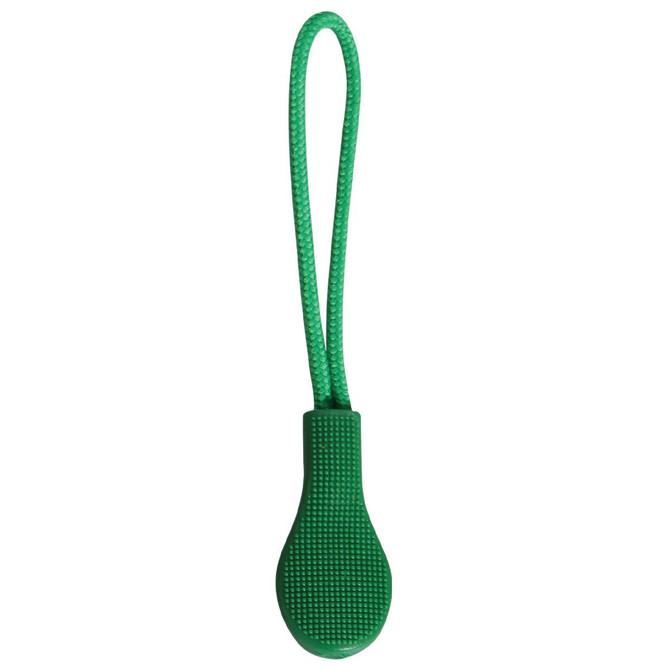 A green zip puller with a textured grip and a looped cord, part of a set of four.