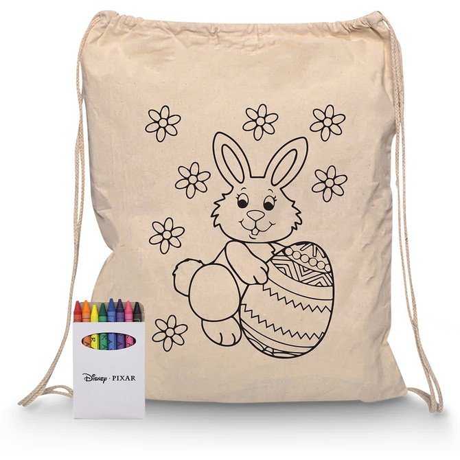A cream drawstring bag featuring a bunny design, accompanied by a crayon set in various colours.