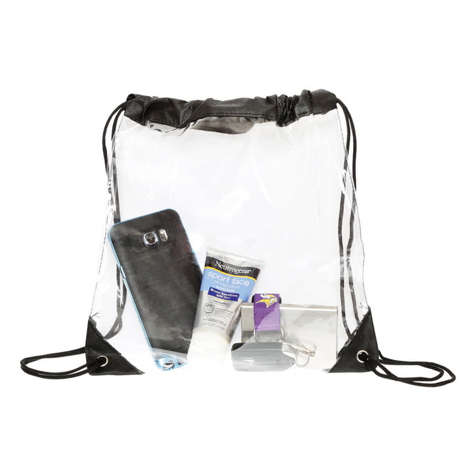 A clear drawstring bag with black accents containing a phone, sunscreen, and various miscellaneous items.