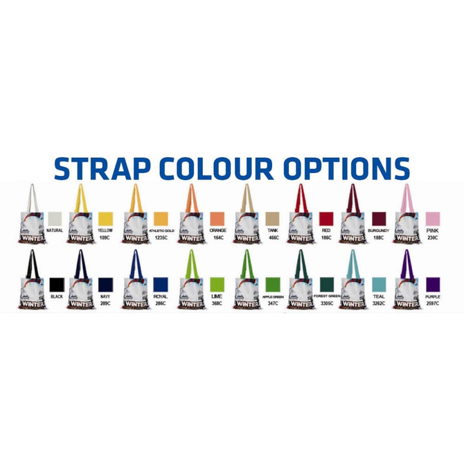 Full-colour cotton tote bags displayed with various strap colour options, including yellow, blue, red, and more.