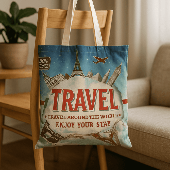 A full-colour cotton tote bag featuring travel-themed artwork and a logo, hanging on a chair beside a plant.