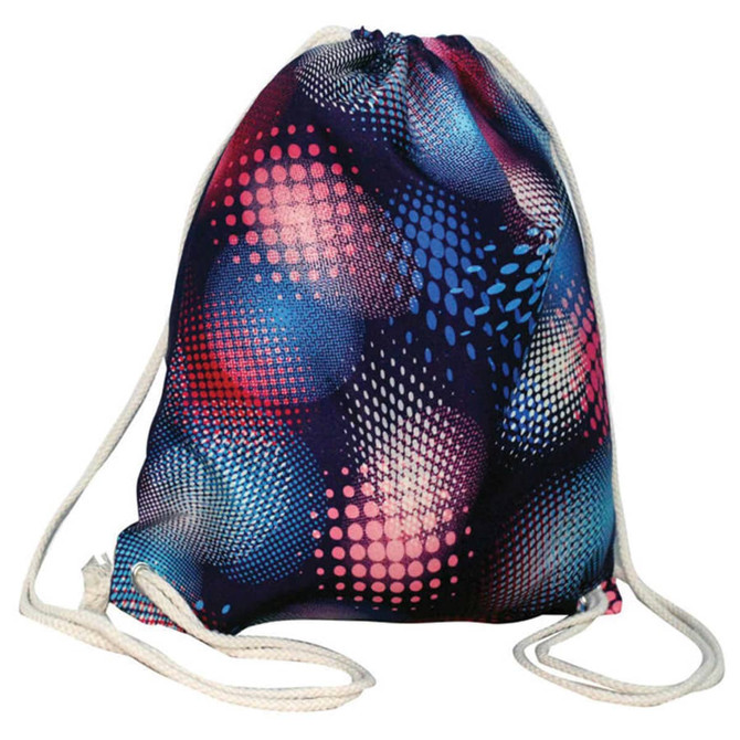 A full-colour drawstring bag featuring a vibrant pattern of blue, pink, and purple dots with white drawstrings.