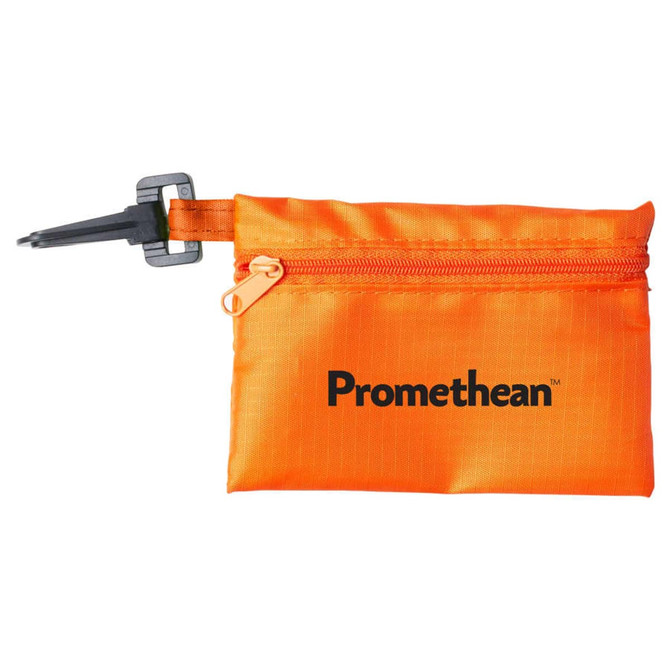 An orange tech kit pouch with a zippered closure and a clip, featuring branding on the front.