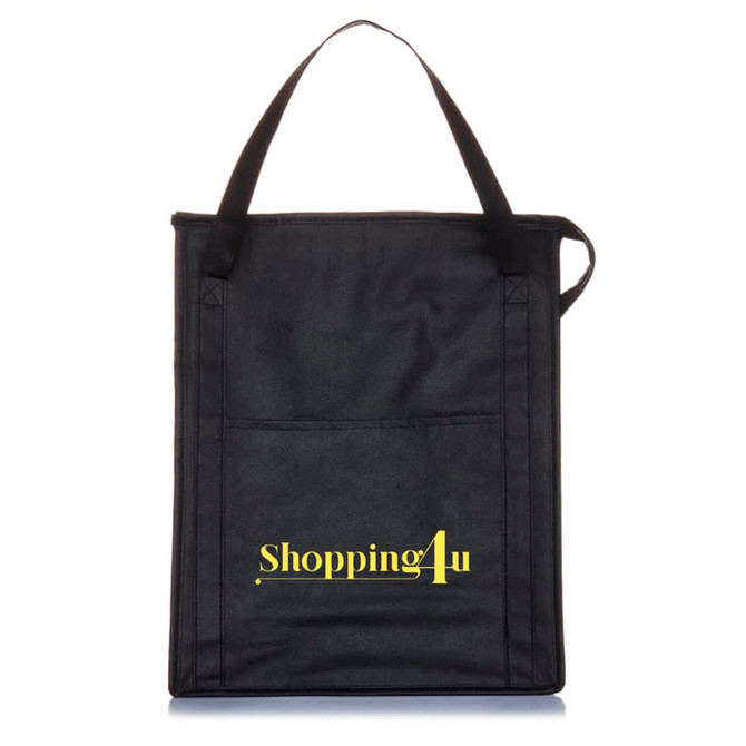 A black insulated grocery tote with a single handle and a front pocket, featuring branding on the front.