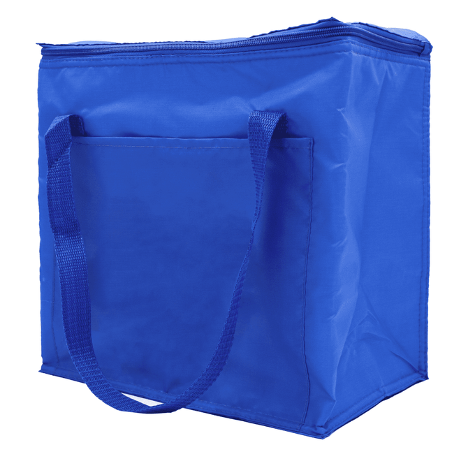 A blue insulated grocery bag with sturdy handles and a zip closure, featuring a front pocket and a logo.