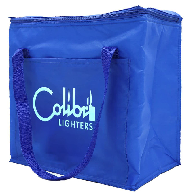 An insulated grocery bag in blue with a front pocket and carrying handles. It features a logo on the side.