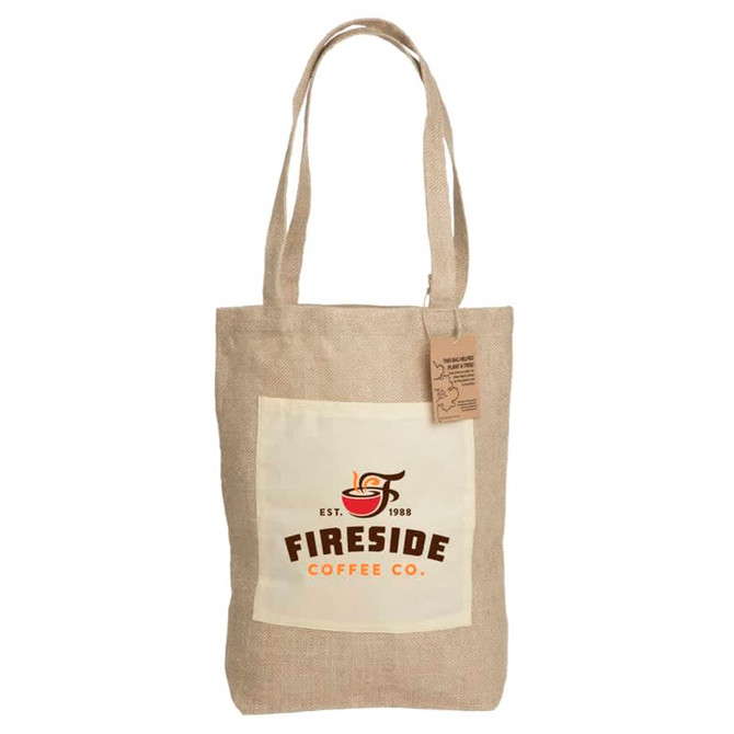 A jute shopping bag in natural beige featuring a coffee company logo on a cream panel and sturdy shoulder straps.