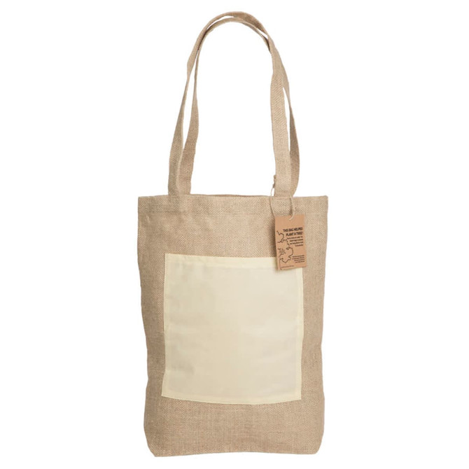 A jute shopping bag in natural beige with a plain cream pocket and straps, featuring a logo on one side.