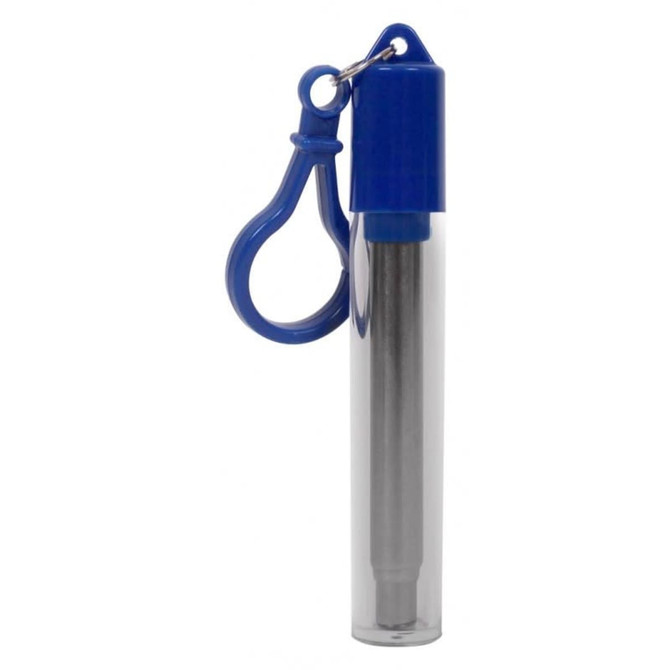 A stainless steel telescopic straw in a clear casing with a blue cap and keyring attachment.
