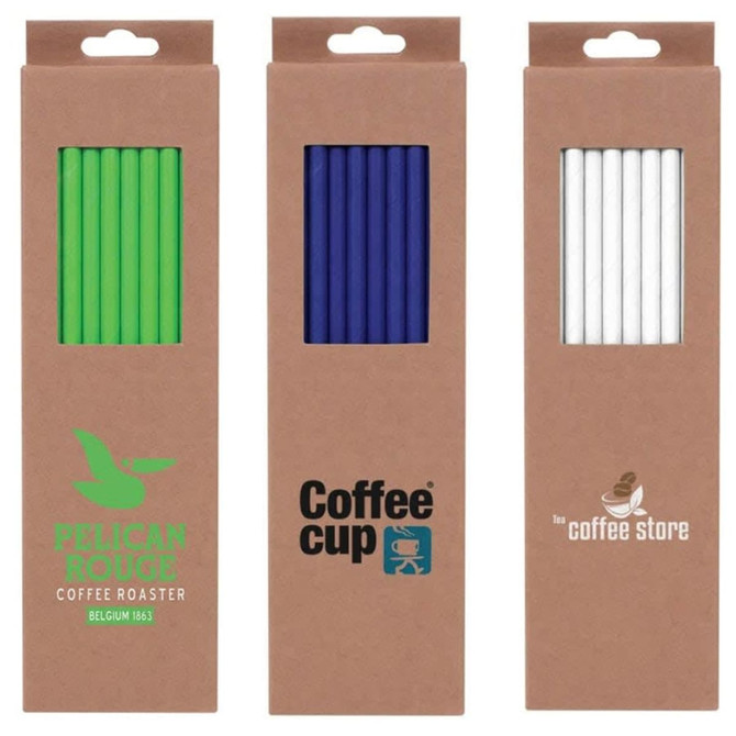 Three packs of Mili Straws in green, blue, and white, each in a brown cardboard box featuring a logo.
