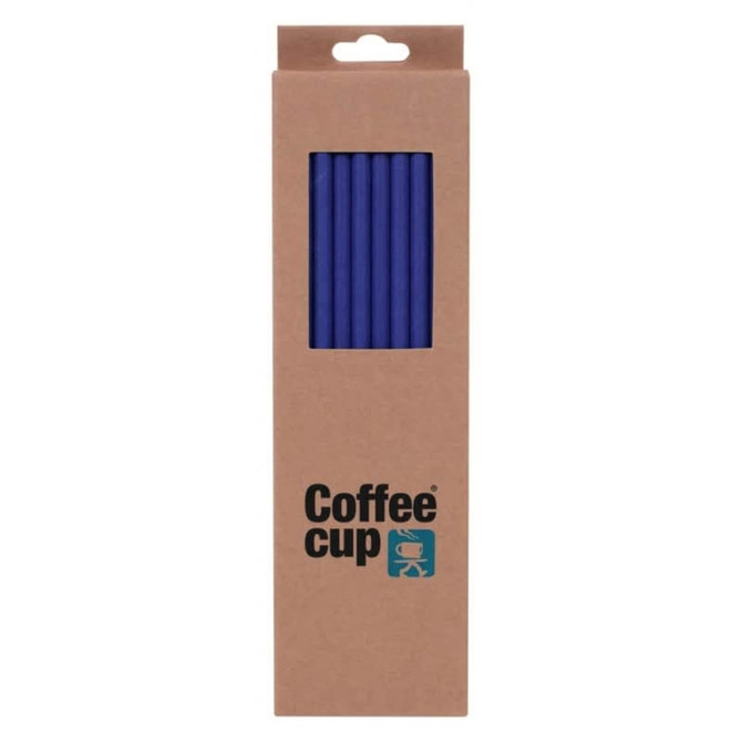 A rectangular box containing multiple blue reusable straws, packaged with a logo.