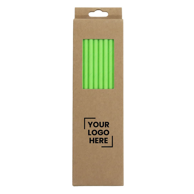 A drink bottle package contains bright green Mili Straws, displayed in a cardboard box with a logo area.