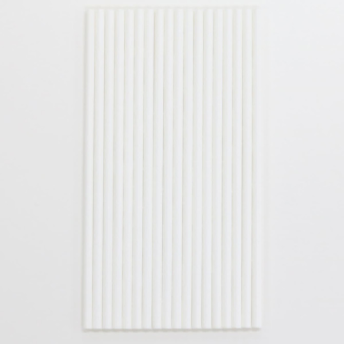 A collection of white straws arranged neatly on a light background, with a simple logo in the corner.