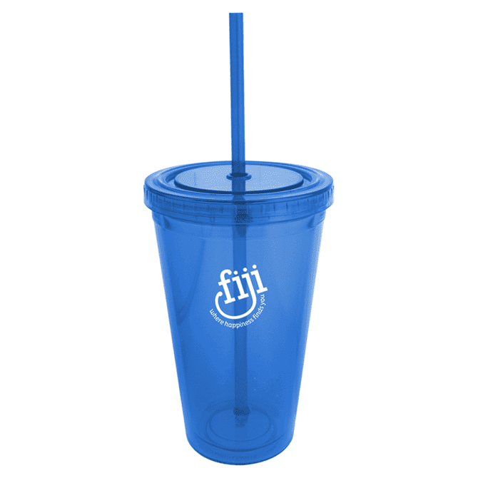 A drink bottle in blue acrylic, featuring a lid and a straw, with a logo on the surface.