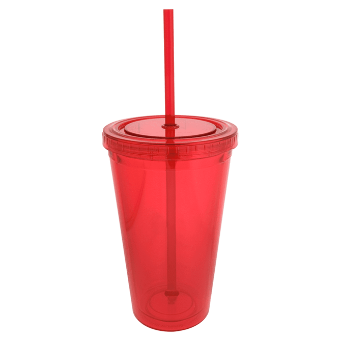 A drink bottle with a red acrylic body and matching straw, featuring a lid and a logo.