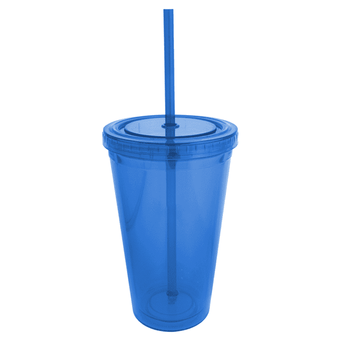 A drink bottle in bright blue with a straw, featuring a screw-on lid and a clear design.