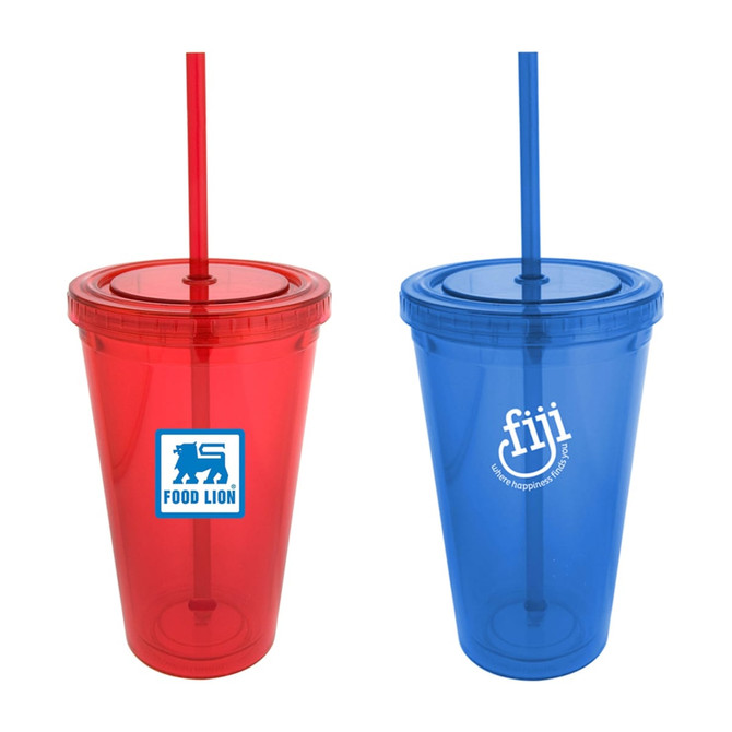 A drink bottle set featuring a red tumbler and a blue tumbler, both with straws and logos.