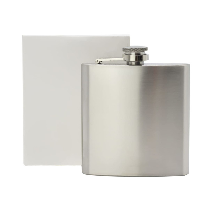A stainless steel hip flask with a screw top, presented alongside a plain white box.