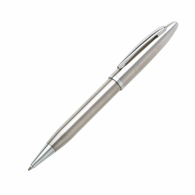 A metallic silver pen with a sleek design and a clip on the side, featuring a branded logo.