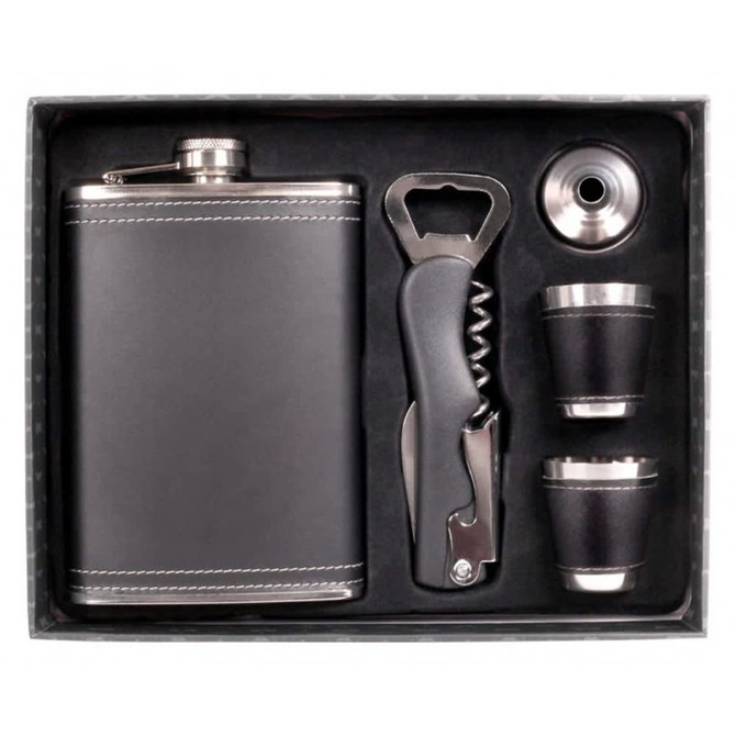 A drink bottle and accessories in a gift box, featuring a silver flask, two cups, and a corkscrew.