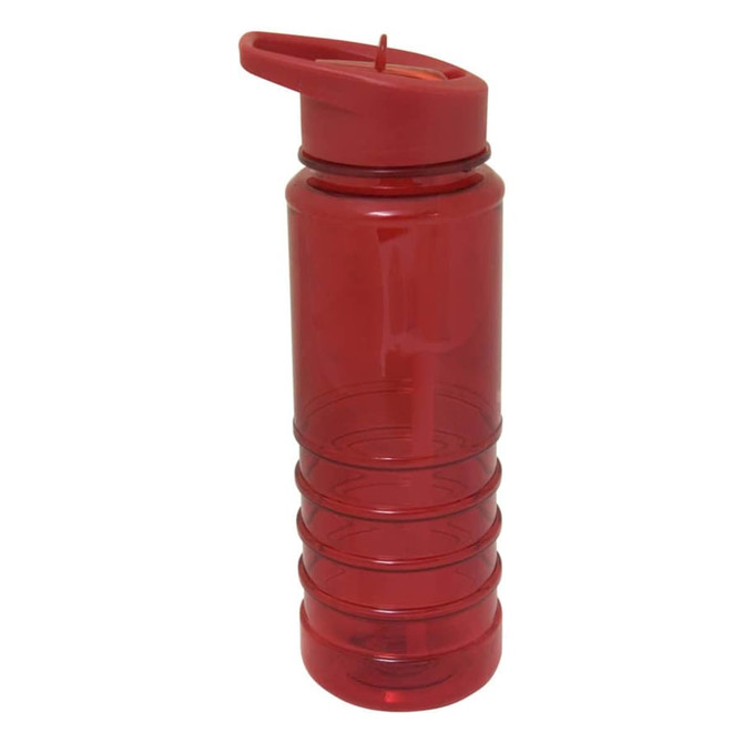 A drink bottle in vibrant red, made of Tritan, featuring a twist-on lid and a built-in straw.