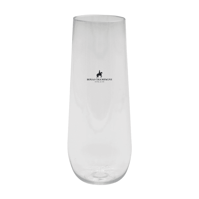 A clear, stemless shatterproof champagne glass featuring a logo, suitable for drinkware.