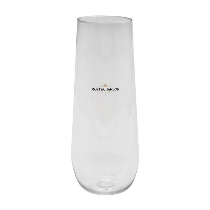 A clear, stemless shatterproof champagne glass with a logo printed on it. Suitable for drinks and festivities.