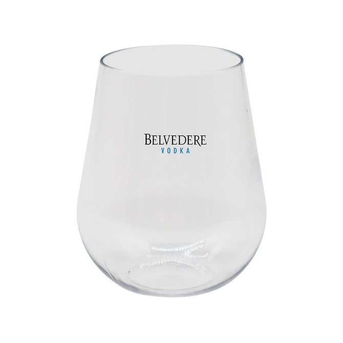 A stemless, shatterproof wine glass in clear plastic, featuring a logo.