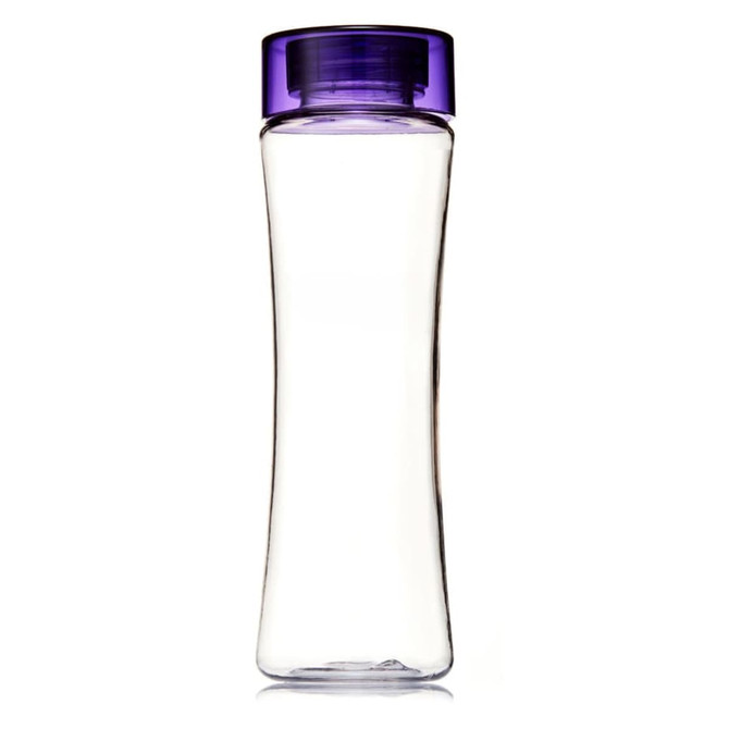 A drink bottle in clear Tritan with a purple lid, featuring a smooth, curved design and a logo.