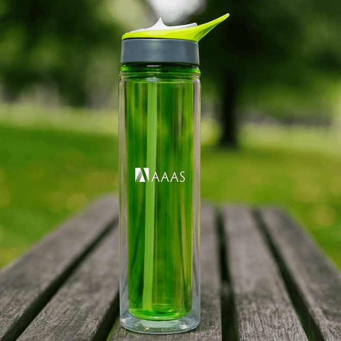 A drink bottle made of clear Tritan with a bright green mat, featuring a grey lid and a logo.