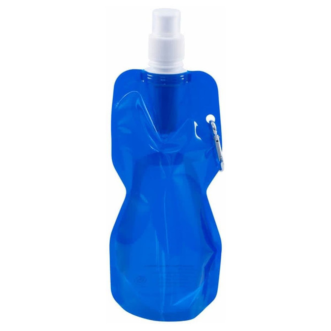 A drink bottle in a translucent blue colour with a spray nozzle and a logo.