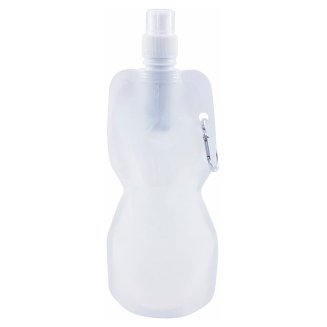 A drink bottle with a translucent design, featuring a spray nozzle and a carabiner clip. It has a simple logo.