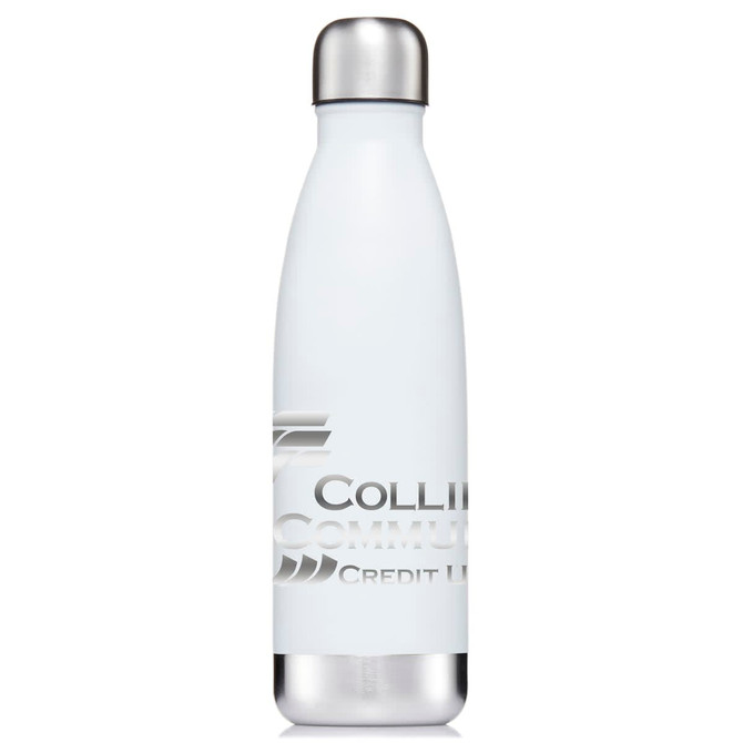 A drink bottle in white with a silver cap, featuring a logo. Ideal for hydration on the go.