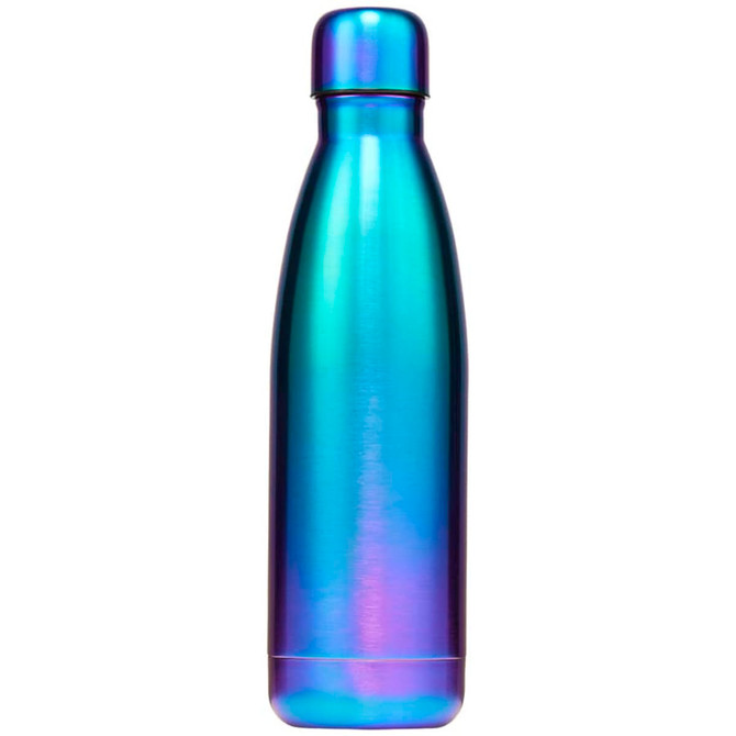 A drink bottle in iridescent blue and purple shades, featuring a sleek design and a screw-top lid.