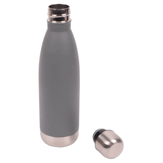 A drink bottle in grey with a stainless steel base and a silver screw-on cap next to it.