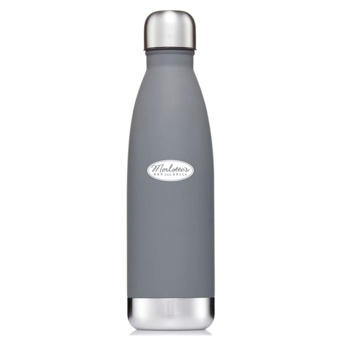 A drink bottle in grey with a stainless steel cap and a logo on the body.