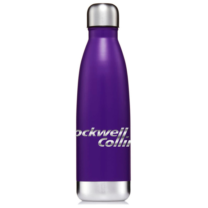 A drink bottle in purple with a metallic silver lid, featuring a logo on its side.