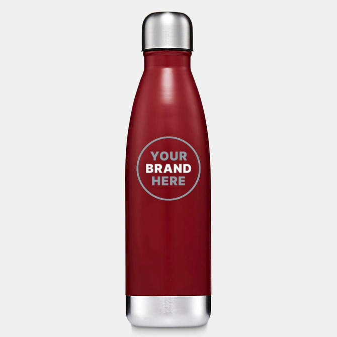 A drink bottle in a deep red colour with a silver lid and a circular logo area.