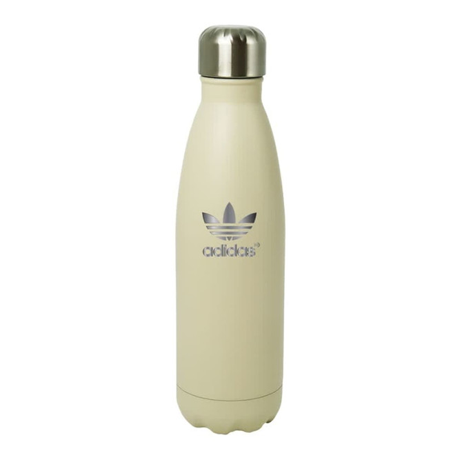 A drink bottle in cream with a metallic silver lid and a logo on the front.