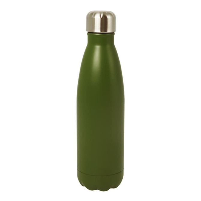 A drink bottle in a matte green finish with a stainless steel cap and a contoured shape. It features a logo.