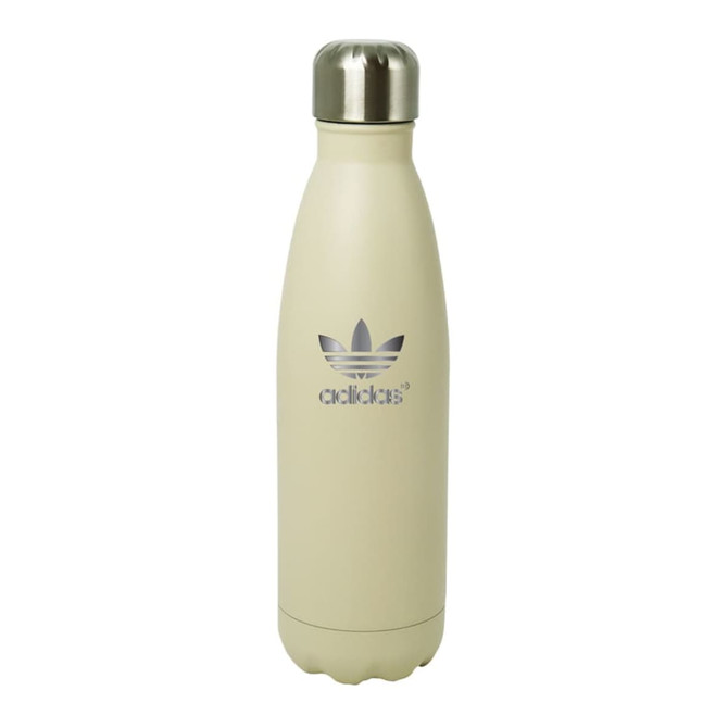 A drink bottle in a cream colour with a stainless steel lid and a logo on the front.
