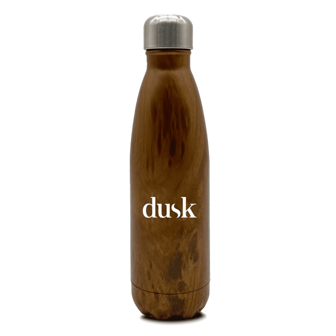 A drink bottle with a stainless steel cap and a wood-like finish, featuring a logo on the side.