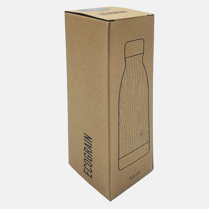 A drink bottle packaged in a brown cardboard box, featuring a simple design outline of the bottle.