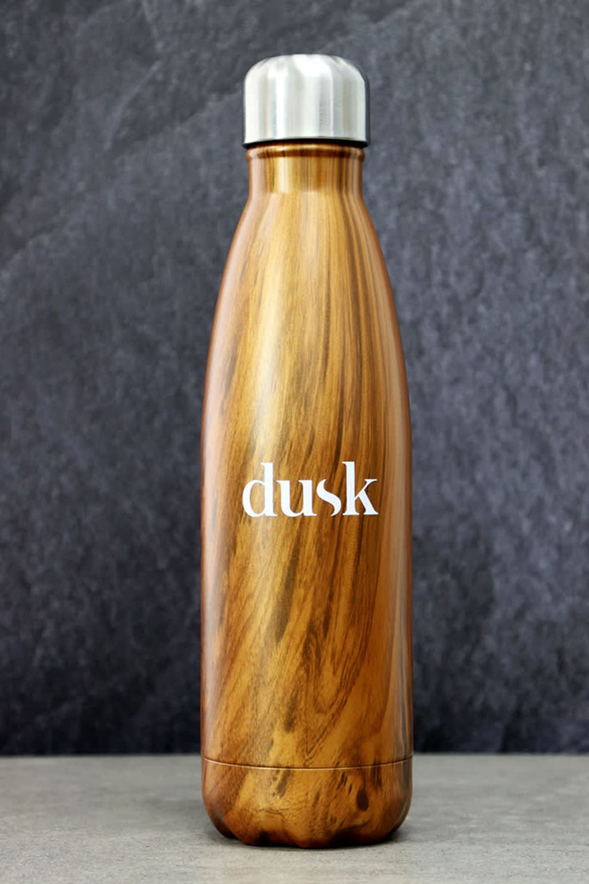 A drink bottle with a wood grain finish and stainless steel top, featuring a logo on its side.