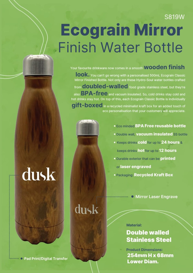 A drink bottle with a wooden finish, featuring a BPA-free design, insulated double walls, and a logo.