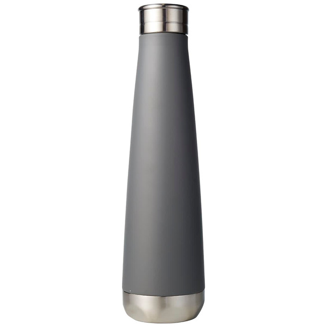 A drink bottle in grey with a stainless steel base and cap, featuring a sleek, tapered design and a logo.
