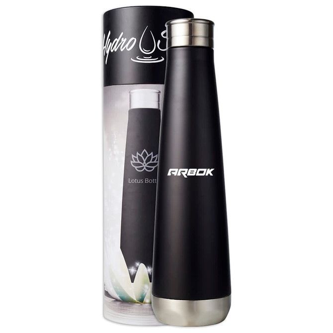 A drink bottle with a sleek black finish and a silver base, packaged in a decorative cylinder.