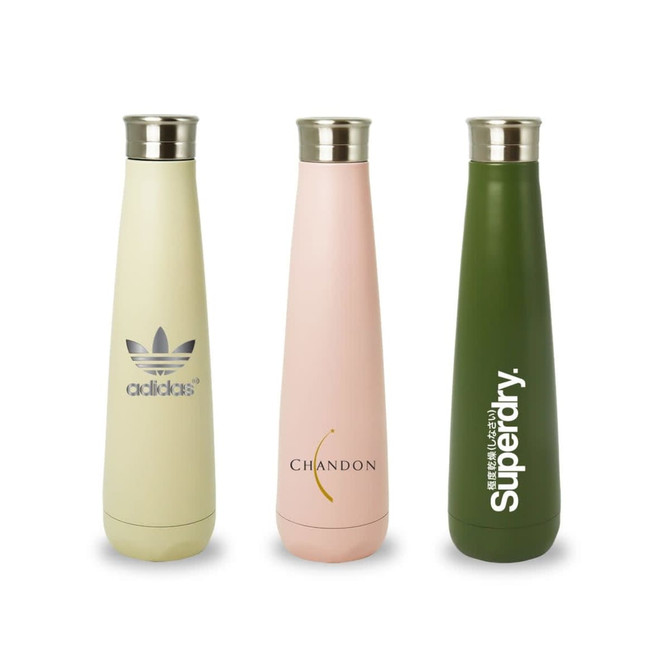 A drink bottle trio featuring a pale green, pink, and olive green water bottle, each with a metallic cap and logo.