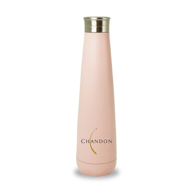 A drink bottle in a soft pink colour with a stainless steel top and a logo.