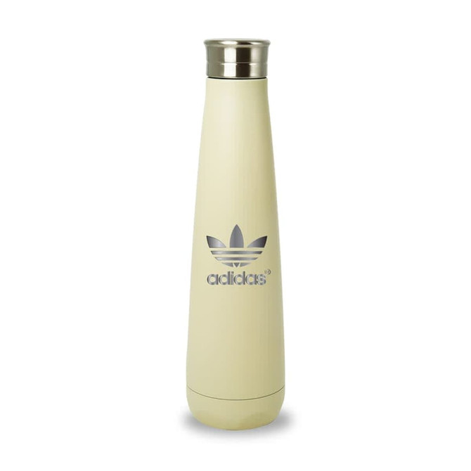A drink bottle in a pale yellow colour with a stainless steel cap and a logo on the front.